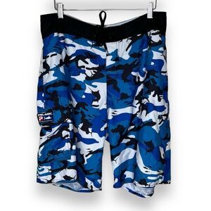 Pelagic Fish Camo Board Short White Black Blue Swim Surf SUP Men Size 34 FLAW